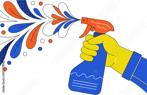 A colorful vector graphic of a hand holding a spray bottle with liquid splashing out