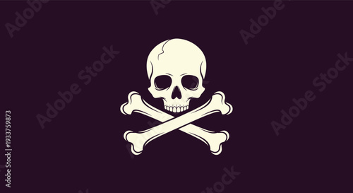 Jolly Roger pirate flag icon with white skull and crossbones on a dark purple or black background for danger.
