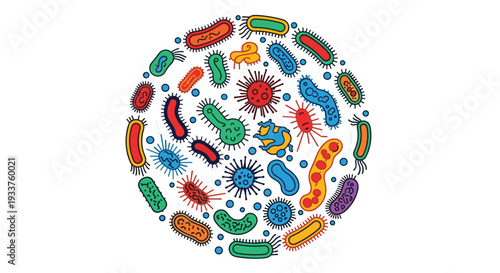 Diverse collection of colorful bacteria virus and microbe illustrations arranged in a circle on white background.