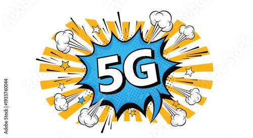 5G technology internet connection icon in comic book pop art style with sunburst rays and clouds on white background.