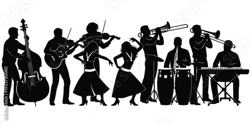 Musical ensemble silhouette illustration set, black line art design, instrument motif artwork, dance performance symbol, jazz band motif, decorative artwork, flat vector drawing