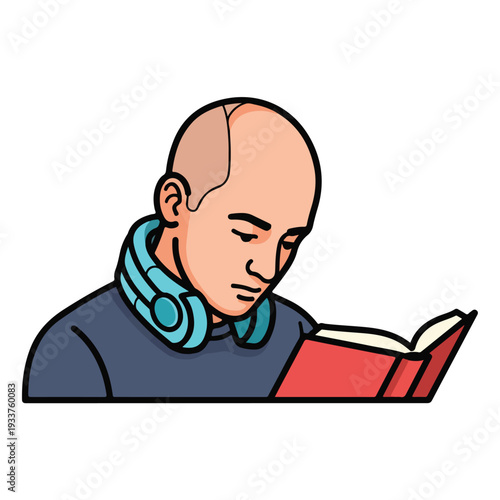 Man reading red book with headphones around his neck in a calm environment from a side viewpoint