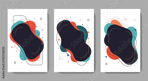 Set of three abstract vertical banner designs with organic fluid shapes in teal, orange, and navy blue tones, ideal for modern brochure or poster layouts.
