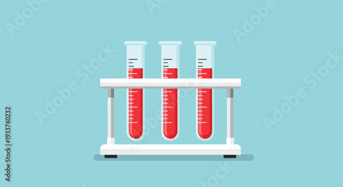 Scientific laboratory illustration featuring three glass test tubes filled with red liquid, possibly blood or chemicals, arranged in a white rack.