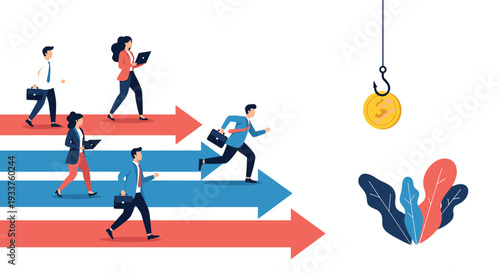 Business concept illustration showing people walking along arrows towards a hook with a gold coin, depicting goals, motivation, and financial traps.