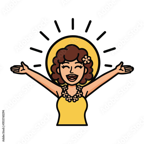 A cheerful cartoon woman with curly hair and necklace smiling broadly with outstretched arms and a flower in her hair.