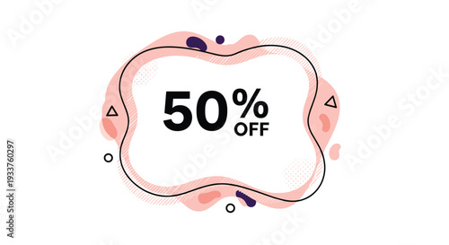 Promotional discount banner showing fifty percent off text within an organic pink fluid shape with decorative geometric elements on a white background.