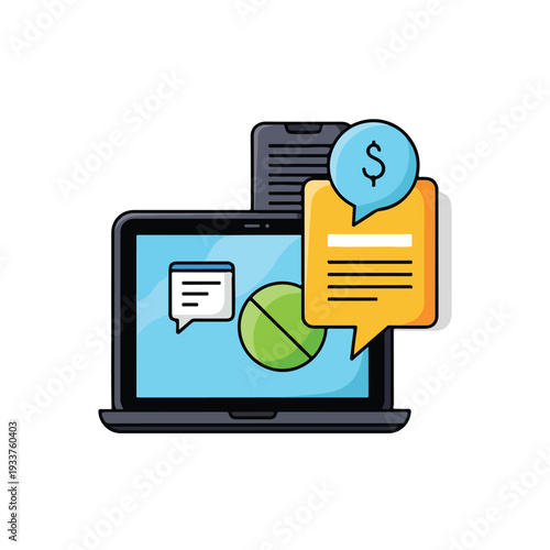 Online payment transaction illustration on laptop screen with dollar sign and tennis ball icon, showcasing digital commerce and e-commerce concepts visually.