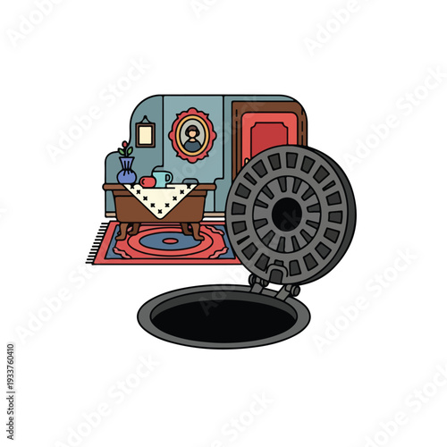 Illustration of a bathroom scene with manhole cover open revealing darkness underneath the bathtub