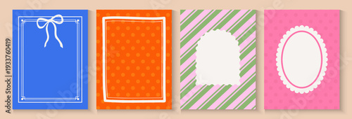 Summer party poster set. Vintage hand drawn frames with wavy lines, bows, checkered and striped backgrounds.  geometric memphis style banner, cards, flayer with fluid uneven organic seamless lines.