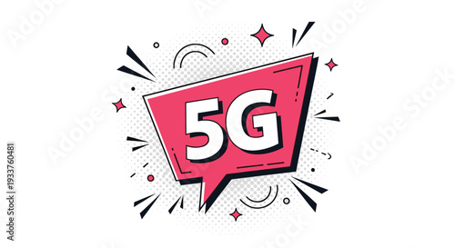 Dynamic 5G technology promotion in a comic book style, featuring a bold red speech bubble and explosive graphic elements on a white background.