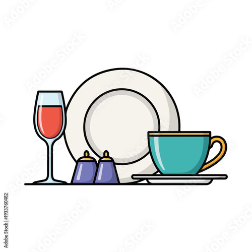 Table setting with teacup, wine glass, salt and pepper shakers, and dinner plate, viewed from the front on a simple background.