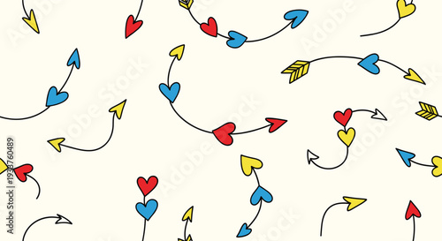 Whimsical romantic pattern featuring curved black arrows decorated with colorful hearts in red, blue, and yellow on a cream colored background.
