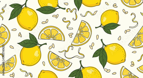 Refreshing citrus themed seamless pattern featuring whole lemons, yellow slices, curly zest, and seeds on a clean off-white background.