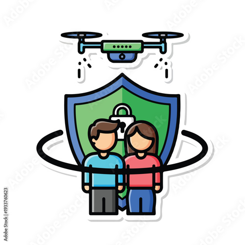 Man and woman protected by a shield with a drone hovering above them, symbolizing security and safety measures in a digital illustration.