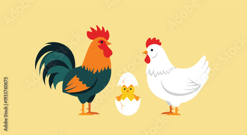 Charming farm animal illustration featuring a colorful rooster, a white hen, and a cute yellow chick hatching from an egg on a soft yellow background.