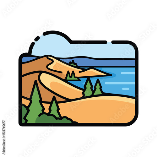 A serene landscape illustration of a lake surrounded by sand dunes and trees viewed from a high vantage point near pektor3470 scene