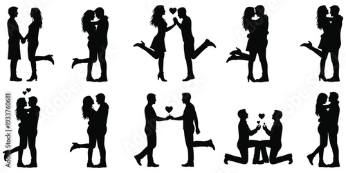 Romantic couple silhouette illustration, love relationship artwork, affection pose design tribute, emotional connection graphic, Valentine theme concept, heart symbol motif flat vector illustration