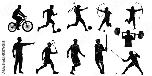 Sports activity silhouette illustration, athletic lifestyle artwork, physical fitness design tribute, recreational movement graphic, dynamic exercise theme flat vector illustration