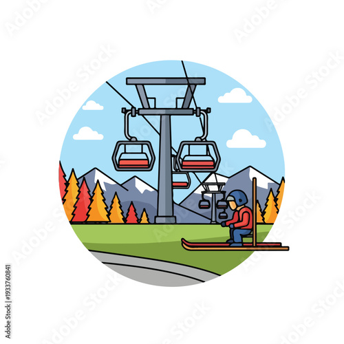 Skiing illustration of a person on skis with a chairlift and mountains in the background, seen from a slightly elevated viewpoint.