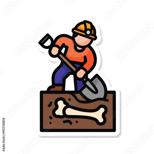 Archaeologist excavating fossilized bone with pickaxe in dirt, pektor3476.eps illustration