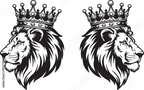 Regal lion heads with crowns logo facing left and right in black and white