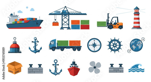 Collection of Maritime and Shipping Industry Icons and Symbols.