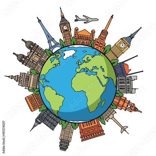Global landmarks illustration featuring famous monuments surrounding the Earth from a aerial viewpoint