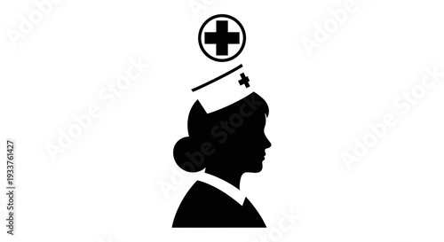 Nurse Silhouette Icon with Medical Cross Symbol