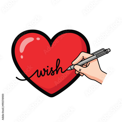 A hand writes the word wish on a red heart shape with a pen from the right side