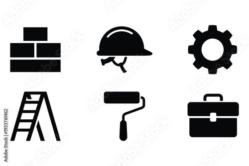 Construction and repair icons: bricks, hard hat, gear, ladder, paint roller, briefcase