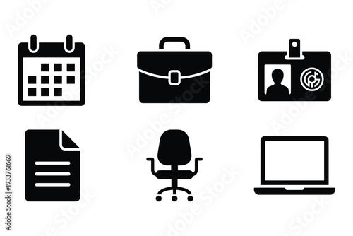 Office and business icons: calendar, briefcase, ID badge, document, office chair, laptop
