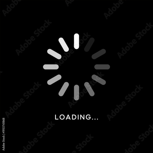 Minimalist circular loading progress icon with bar style spinner on a solid black background for digital UI UX