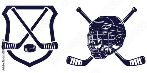 Hockey emblems with crossed sticks and puck, player with helmet eps 10