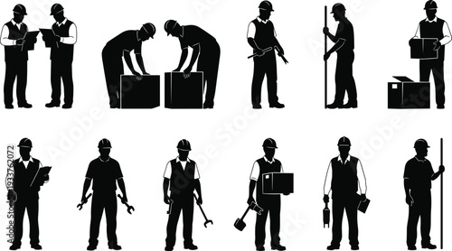 Black silhouette construction workers set with industrial engineers builders and warehouse staff working with tools isolated on white background vector