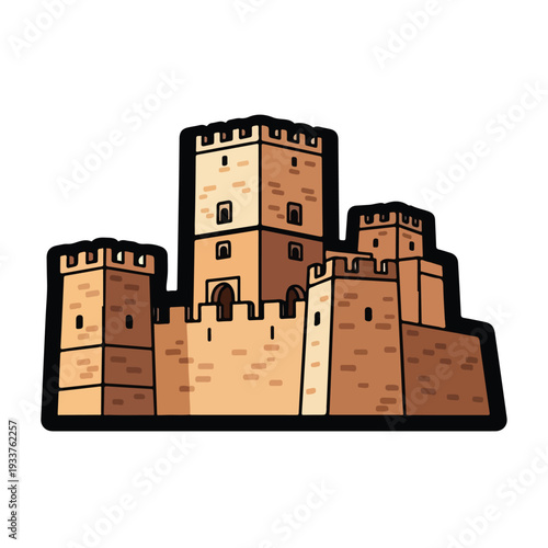 Medieval fortress illustration with towers and battlements, a historical stronghold depicted in a cartoon style graphic
