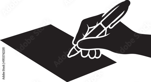 Black silhouette hand holding pen writing on paper also transparent background