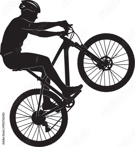 Black silhouette of man wearing helmet riding mountain bike performing wheelie on white background also transparent background