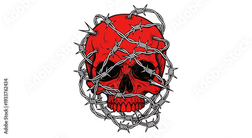 Red Skull Wrapped in Barbed Wire, Symbol of Danger and Captivity