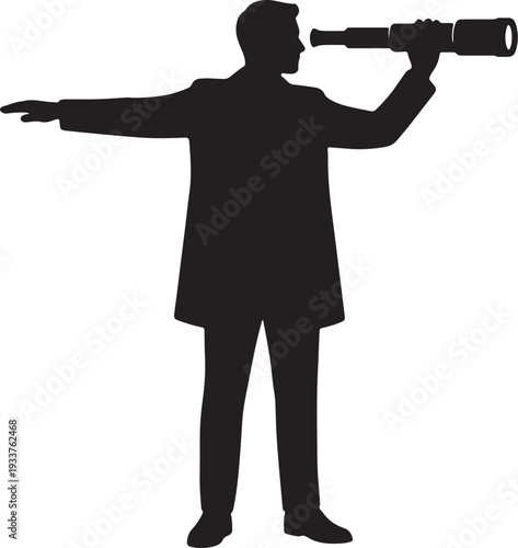 Man in suit silhouette looking through telescope with arm outstretched also transparent background black