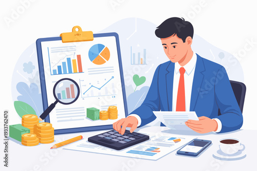 Businessman or Accountant Analyzing Financial Reports and Planning Budget with Calculator, Charts, Graphs, and Money on Desk for Tax Audit, Investment Strategy, and Expense Management Vector