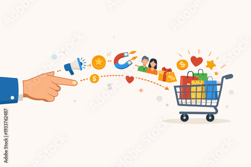 Affiliate marketing promotion and customer invitation to buy products with loyalty reward program advertising. Hand pointing to shopping cart with megaphone, magnet, coins, and gift box icons.