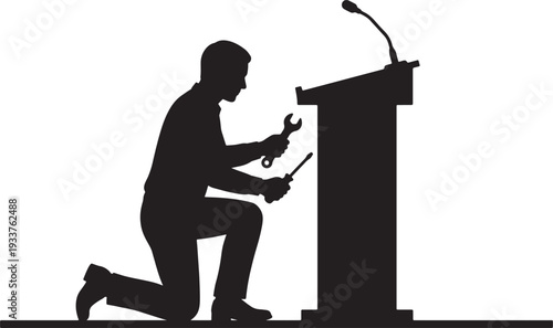 Man kneeling with tools at podium with microphone also transparent background wrench screwdriver
