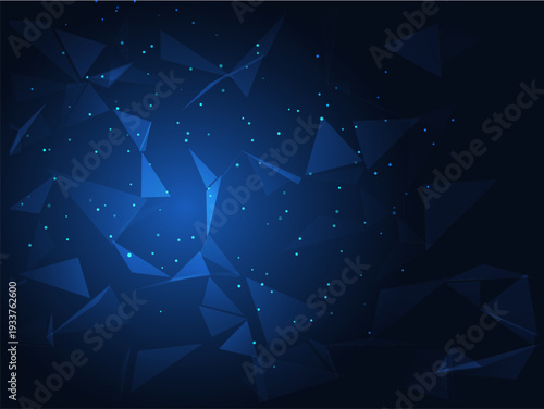 Dark Blue Abstract Polygon Triangle Network Background with Glowing Dots, Futuristic Technology Low Poly Digital Space Design Illustration Backdrop

