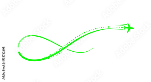 Green airplane drawing an infinity loop in the sky, symbolizing travel and freedom