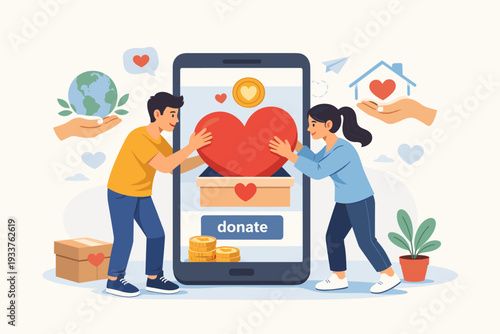 Online Charity Donation and Volunteer Concept with People Putting a Heart into a Smartphone App to Help Others. Giving Money and Support for Social Responsibility and Community Welfare.
