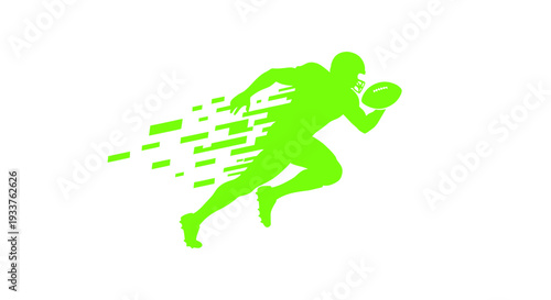 Green silhouette of a football player running with a ball, stylized motion effect.