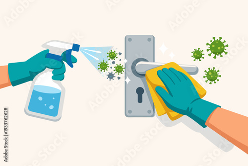Cleaning and Disinfecting Door Handle to Prevent Coronavirus COVID-19 Outbreak Concept. Hands in Gloves Spraying and Wiping Surface to Kill Germs, Bacteria and Viruses for Health and Safety.