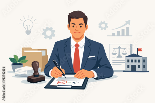 Businessman in Suit Signing Company Registration Documents for New Business Startup, Legal Approval Service with Approved Stamp, Entrepreneurship and Ownership Certificate Concept Illustration