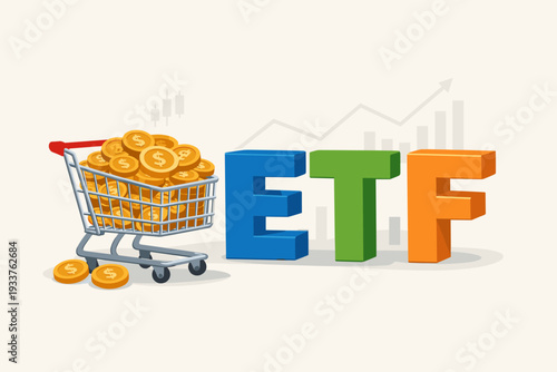 ETF Exchange Traded Funds Investment Concept with Shopping Cart Full of Gold Coins and Financial Growth Chart. Stock Market Trading, Mutual Fund Index Tracking, and Wealth Portfolio Diversification.
